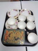 A tray of Queen Elizabeth II coronation tin together with six Duchess china trios