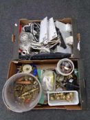 Two boxes of electrical cables, brass door furniture,