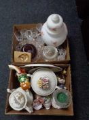 Two boxes of Italian flower encrusted lidded comport and teapot, glass ware,
