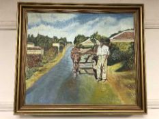 Continental School : oil on canvas depicting a farmer with cattle