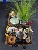 Two boxes of contemporary vases, metal candle holders,