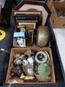 Two boxes of Meerkat soft toys, contemporary figurines, glass ware,