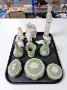 A tray of six pieces of green Wedgwood china, six assorted Nao,