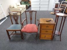An antique inlaid mahogany armchair (af) together with a further antique mahogany dining chair,