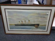 A framed and signed S W Fisher print - The Titanic at Queens Town, dated Thursday 11th April 1912.