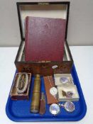 A Victorian inlaid walnut table box together with brass cased pocket telescope, Martins money bank,