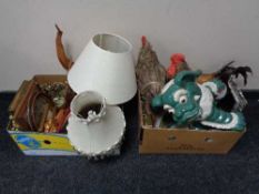 Two boxes of mirrors and prints, two hen figures, large pottery dog,