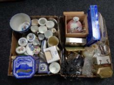 Two boxes of carriage clocks, Ringtons china,