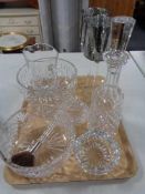 A tray of glass ware, crystal decanter, fruit bowl,