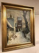 Continental School : oil on canvas depicting chickens in a snowy lane