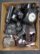 A box of retro style telephone, large quantity of cameras, Canon Eos 100, lenses and accessories,