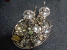 A plated gallery tray of plated wares, four piece tea service, cutlery, napkin rings,