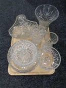 A tray of glass ware, cut glass and crystal fruit bowl, vases,