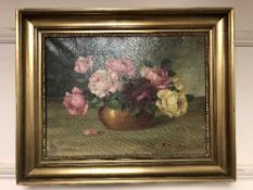 Continental School : Still life with flowers in a bowl, oil on canvas.