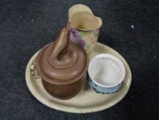 A large pottery meat dish together with Arthur wood vase,