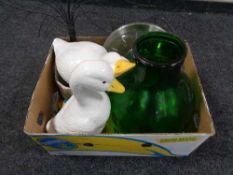 A box of wall clock, planter, green glass carbouy,