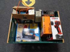 A box of power tools, Black & Decker jigsaw and heat gun,