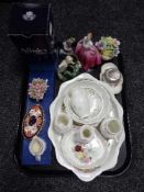 A tray of china, Aynsley ware, china flower posies, Royal Crown Derby trinket dish,