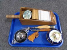 A tray of wooden card shoe, desk bell,