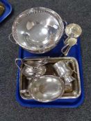 A tray of twentieth century plated wares, Sheffield plate, Milk jug and sugar basin, tankards,