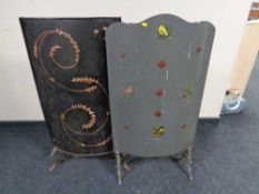 Two antique metal fire screens with hand painted decoration