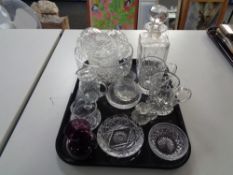 A tray of glass, whisky decanter, dessert bowl set, tankards,
