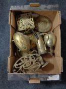 A box of antique and later brass ware, teapot, trivets,