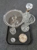 A tray of glass, silver plated and crystal decanter, preserve pot,