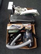 Two boxes of electricals, cylinder vacuum, printer, metal cash box, coin collector's cabinet,