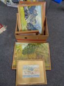 A box of assorted pictures and prints, oils on board, needlework of native Americans on horse back,
