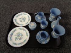 A tray of eight pieces of Wedgwood blue and white Jasperware together with a pair of Wedgwood