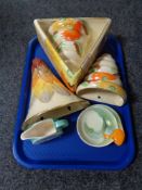 A tray of Gray's pottery hand painted Sun Buff triangular dish, wall pocket, Arthur Wood pockets,