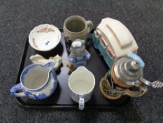 A tray of china, Spode Italian jug, Nao figure girl with backpack,