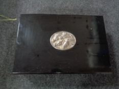 A cutlery canteen box with white metal embossed horse head plaque