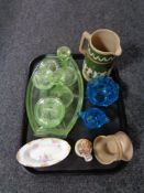 A tray of Hummell figure -choir boy, green art deco style dressing table set,