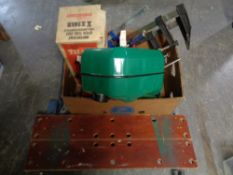 A Black and Decker work mate together with box of Rhino cam axle stands, Tilly lamp,