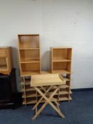 A pine butler's tray on stand together with three sets of chipboard bookshelves