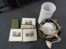 A cast iron planter together with a pottery stick stand, globe light fitting,