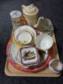 A tray of china, Masons plaque, copper lustre jug, Susie Cooper china trio, Art Deco teapot etc.