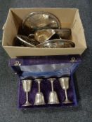 A box of assorted plated wares,