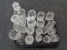 A tray of glass ware, Whisky decanter,
