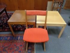A twentieth century pine dining chair together with two square coffee tables