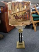 A Victorian brass Corinthian column oil lamp with glass reservoir (converted) CONDITION