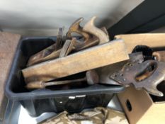 A box of wood working tools, brace, block planes,