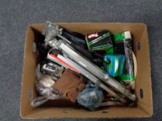 A box of camera equipment, tripod, Tokina vivita camera,