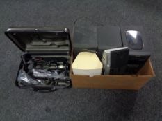 A box of electricals, hifi speakers,