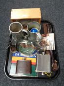 A tray of hip flasks, ship in Dimple bottle, Rob Myers mixed Media Velocopig sculpture in case,