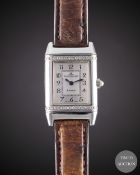 A LADIES STAINLESS STEEL & DIAMOND JAEGER LECOULTRE REVERSO WRIST WATCH CIRCA 2000 Movement: Quartz,