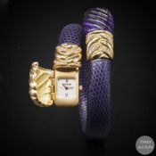 A LADIES 18K SOLID GOLD, DIAMOND & AMETHYST BARTHELAY LEATHER BRACELET WATCH CIRCA 1990s Movement:
