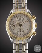 A GENTLEMAN'S STEEL & GOLD OMEGA SPEEDMASTER AUTOMATIC TRIPLE CALENDAR CHRONOGRAPH BRACELET WATCH